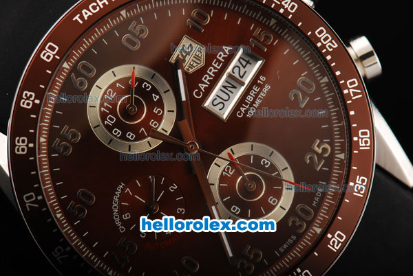 Tag Heuer Carrera Caliber 16 Automatic Movement 7750 Coating Case with Brown Bezel-Brown Dial and Black Rubber Strap - Click Image to Close